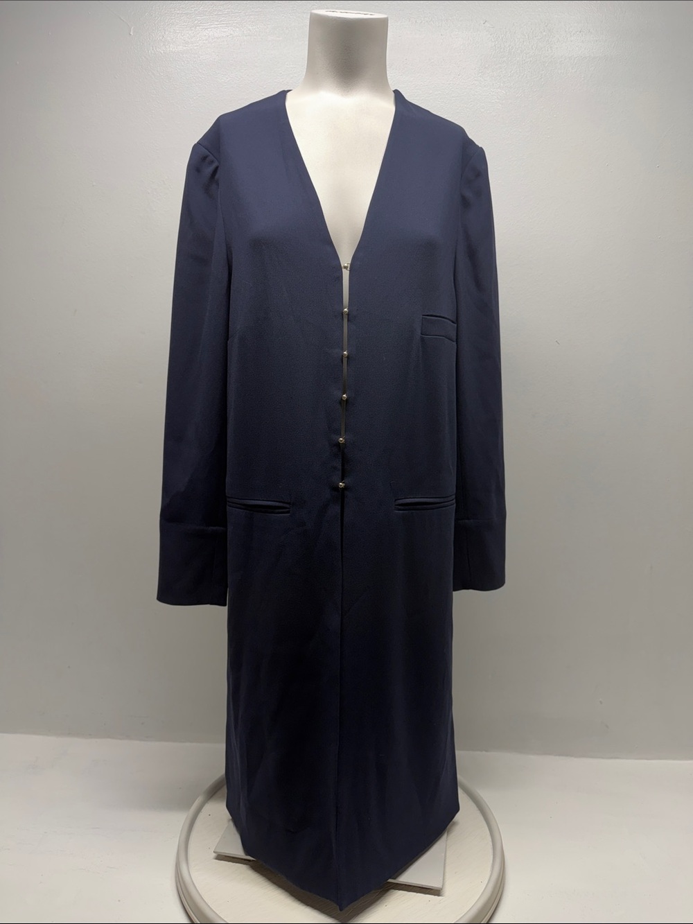 MM LaFleur Blazer Long Jacket Coat Long Sleeve V Neck Pockets Navy Blue Small